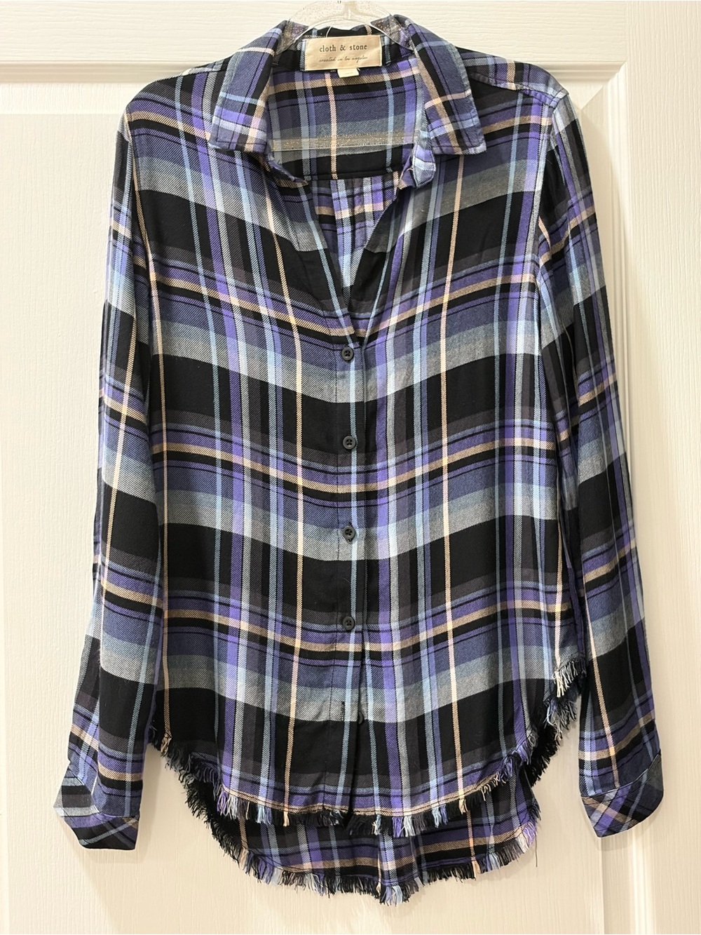 Anthropologie Cloth and Stone Black and Purple Plaid Button-Down Shirt